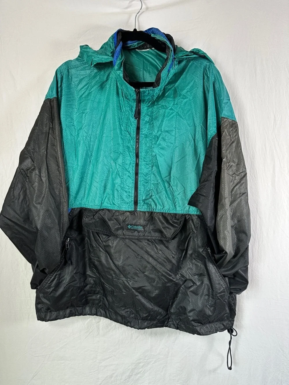 Vintage Columbia Teal and Black Half-Zip Hooded Windbreaker
